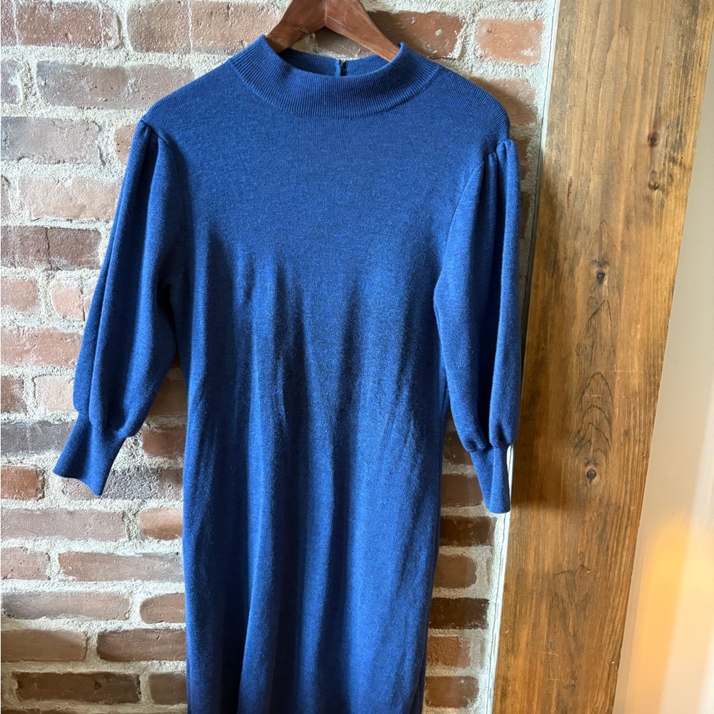 Simons Navy Blue Puff-Sleeve Midi Knit Dress